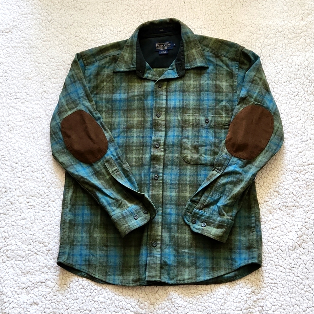 Pendleton Wool Trail Shirt Green & Blue Plaid w/ Ultrasuede Brown Elbow Patches